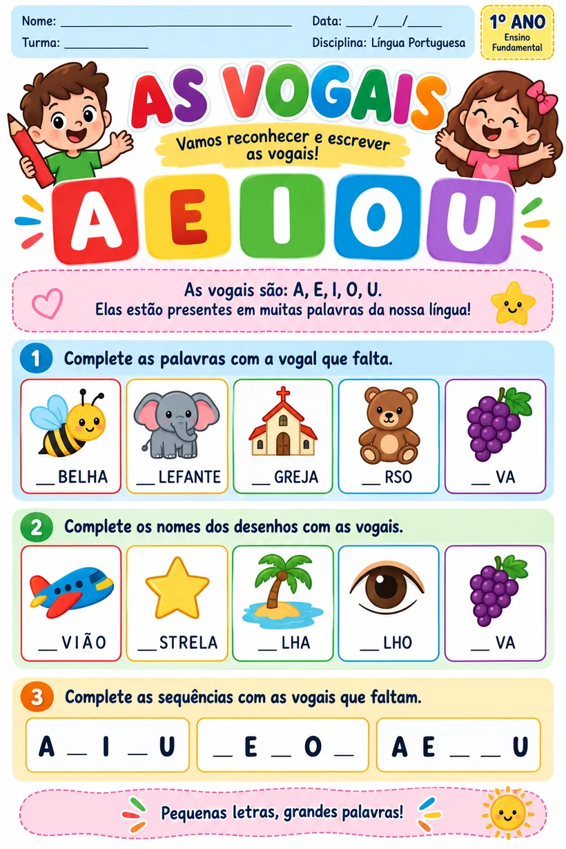 Atividade ilustrada de As Vogais