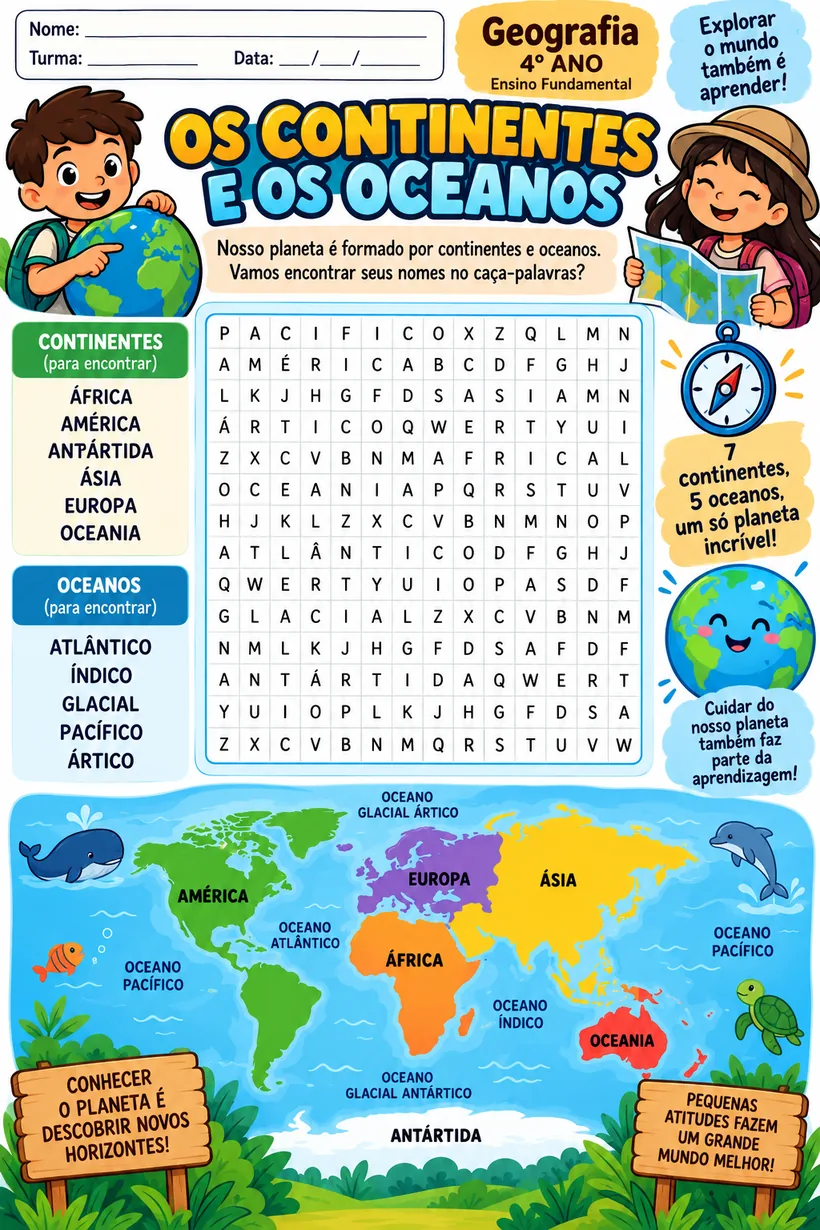Atividade ilustrada de Os Continentes e os Oceanos