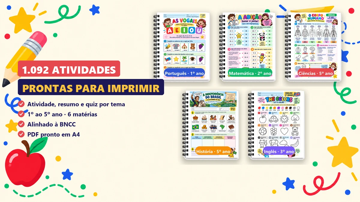 Cinco cadernos com atividades reais: Português, Matemática, Ciências, História e Inglês, do 1º ao 5º ano
