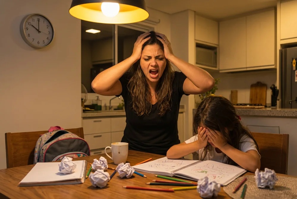 Mãe gritando e criança de mãos no rosto, na cozinha, à noite, com a lição de casa
