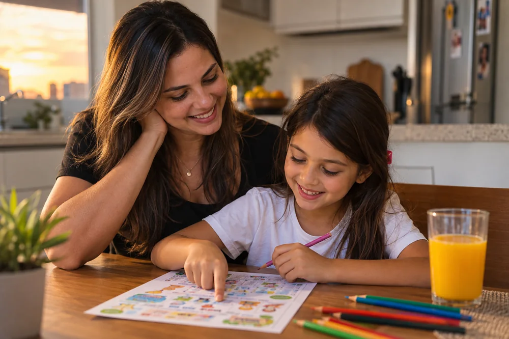 Mãe e filha sorrindo fazendo juntas uma atividade colorida impressa